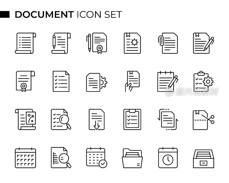 文档概念细线图标集包含Contract、Form、Report、Page、Note Pad等图标